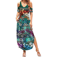 Pacific Hibiscus Tapa Tribal Vintage Summer Maxi Dress Turquoise Motif