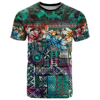 Pacific Hibiscus Tapa Tribal Vintage T Shirt Turquoise Motif