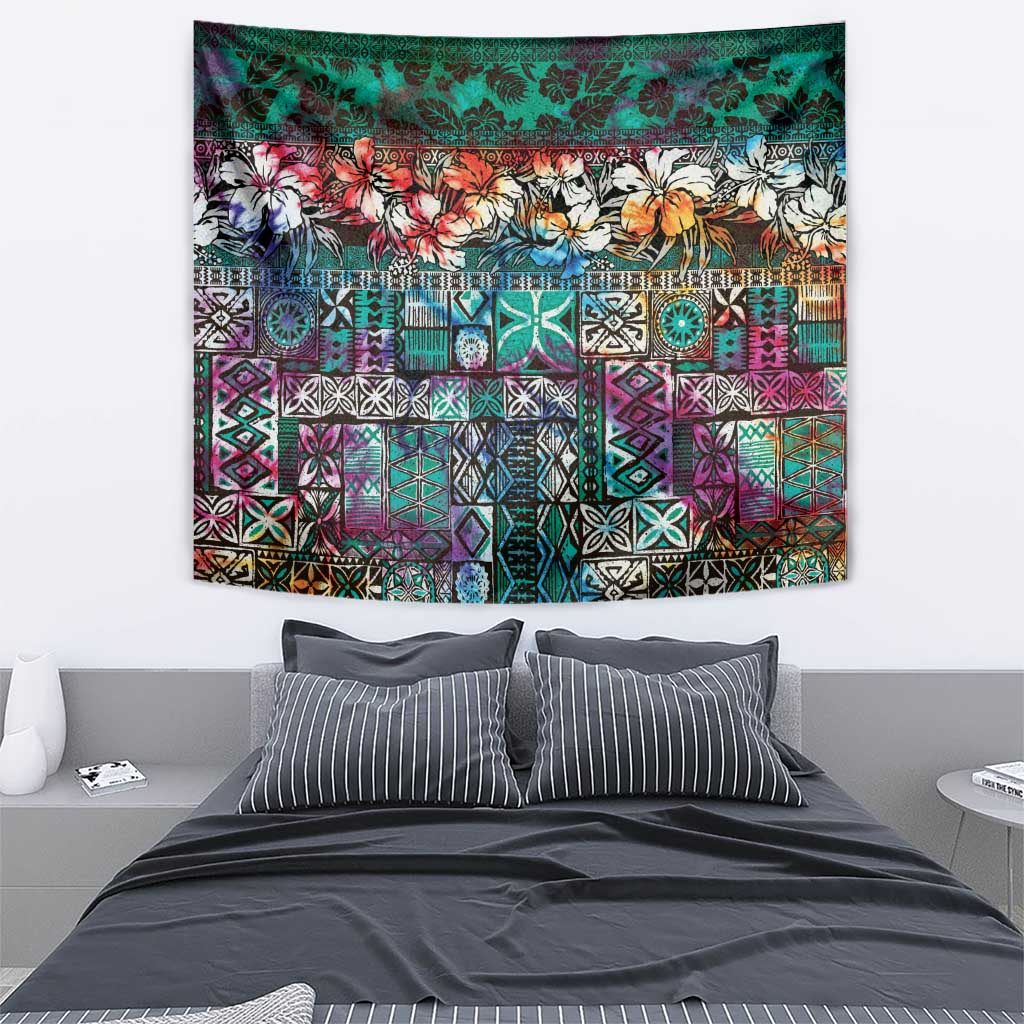 Pacific Hibiscus Tapa Tribal Vintage Tapestry Turquoise Motif