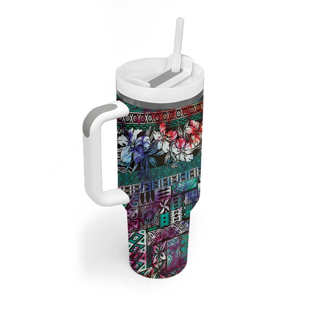Pacific Hibiscus Tapa Tribal Vintage Tumbler With Handle Turquoise Motif