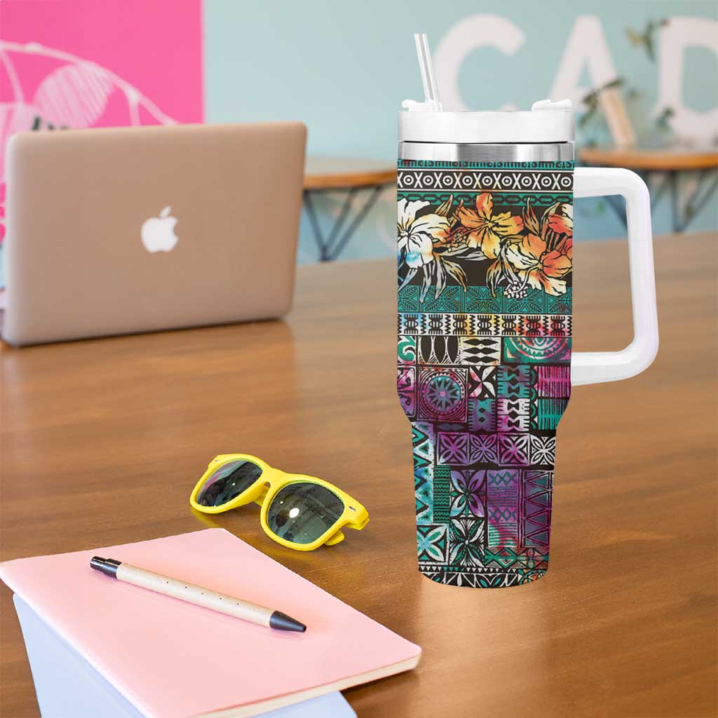 Pacific Hibiscus Tapa Tribal Vintage Tumbler With Handle Turquoise Motif