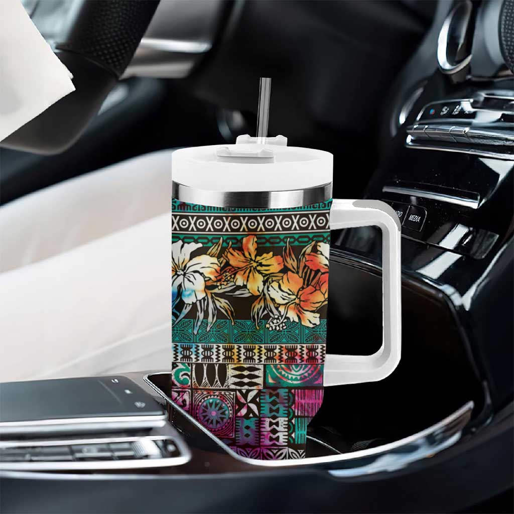 Pacific Hibiscus Tapa Tribal Vintage Tumbler With Handle Turquoise Motif