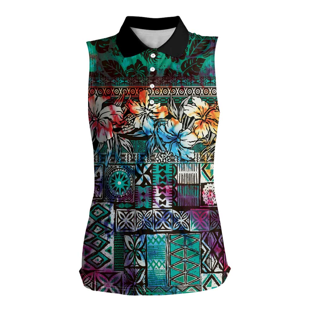 Pacific Hibiscus Tapa Tribal Vintage Women Sleeveless Polo Shirt Turquoise Motif