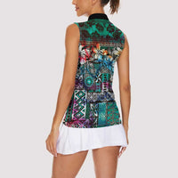 Pacific Hibiscus Tapa Tribal Vintage Women Sleeveless Polo Shirt Turquoise Motif
