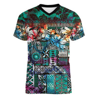 Pacific Hibiscus Tapa Tribal Vintage Women V-Neck T-Shirt Turquoise Motif
