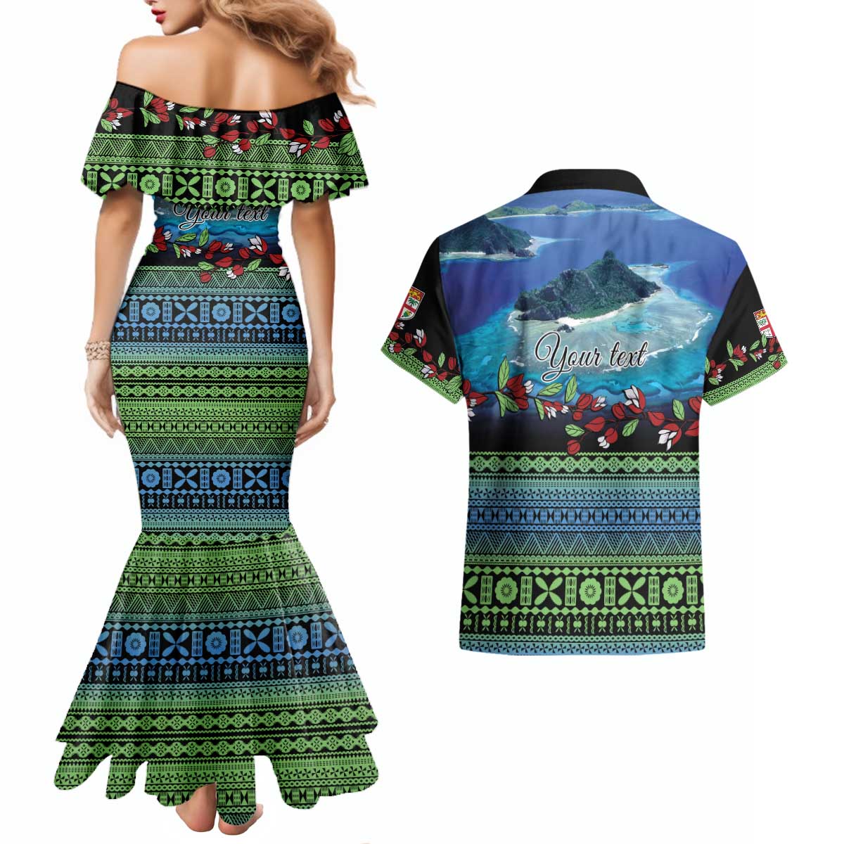 Personalised Fiji Viti Levu Couples Matching Mermaid Dress and Hawaiian Shirt Tagimoucia and Tapa Tribal Pattern LT9 - Polynesian Pride