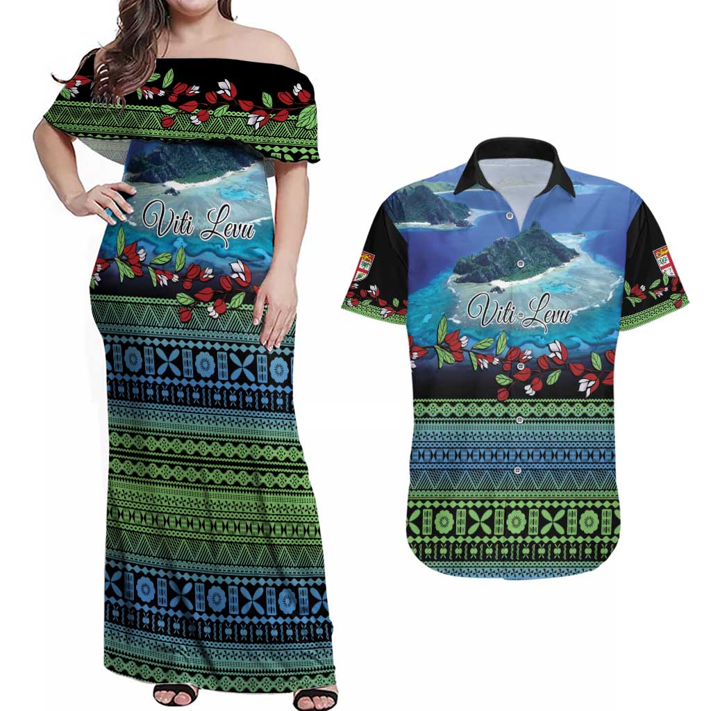 Personalised Fiji Viti Levu Couples Matching Off Shoulder Maxi Dress and Hawaiian Shirt Tagimoucia and Tapa Tribal Pattern LT9 Blue - Polynesian Pride