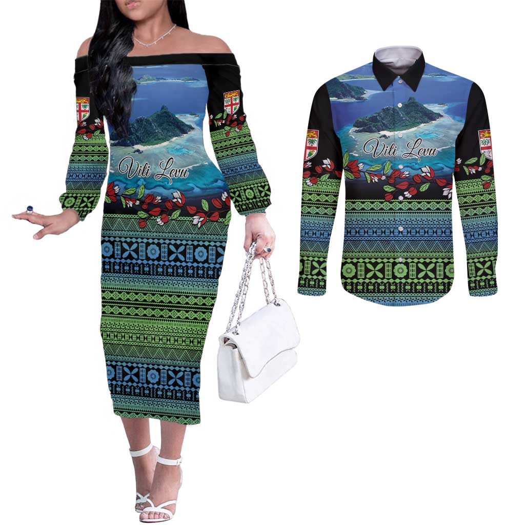 Personalised Fiji Viti Levu Couples Matching Off The Shoulder Long Sleeve Dress and Long Sleeve Button Shirt Tagimoucia and Tapa Tribal Pattern LT9 Blue - Polynesian Pride