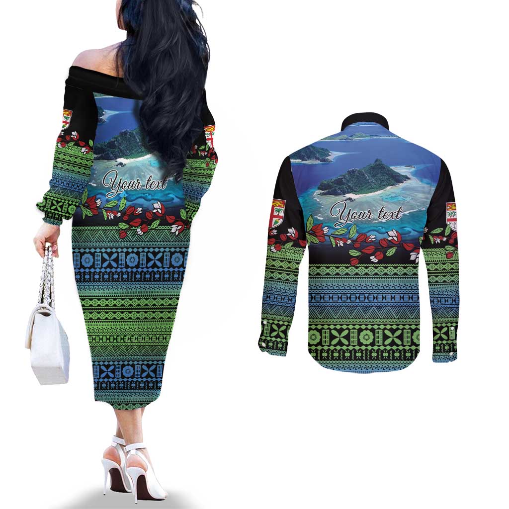 Personalised Fiji Viti Levu Couples Matching Off The Shoulder Long Sleeve Dress and Long Sleeve Button Shirt Tagimoucia and Tapa Tribal Pattern LT9 - Polynesian Pride
