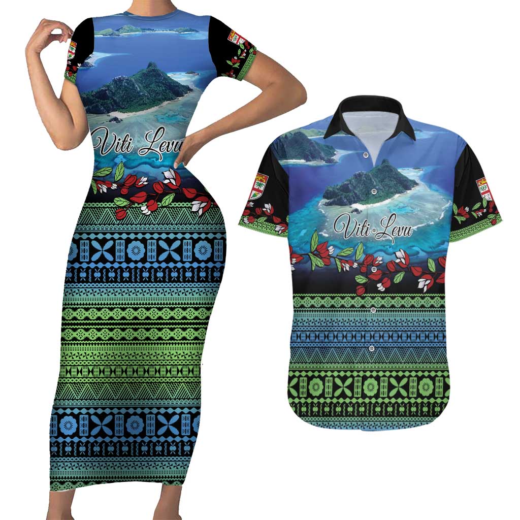 Personalised Fiji Viti Levu Couples Matching Short Sleeve Bodycon Dress and Hawaiian Shirt Tagimoucia and Tapa Tribal Pattern LT9 Blue - Polynesian Pride