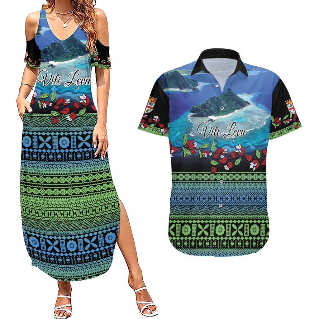 Personalised Fiji Viti Levu Couples Matching Summer Maxi Dress and Hawaiian Shirt Tagimoucia and Tapa Tribal Pattern LT9 Blue - Polynesian Pride