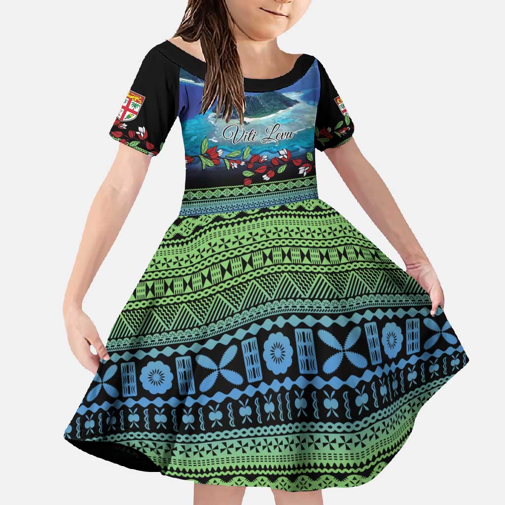 Personalised Fiji Viti Levu Family Matching Mermaid Dress and Hawaiian Shirt Tagimoucia and Tapa Tribal Pattern LT9 Daughter's Dress Blue - Polynesian Pride