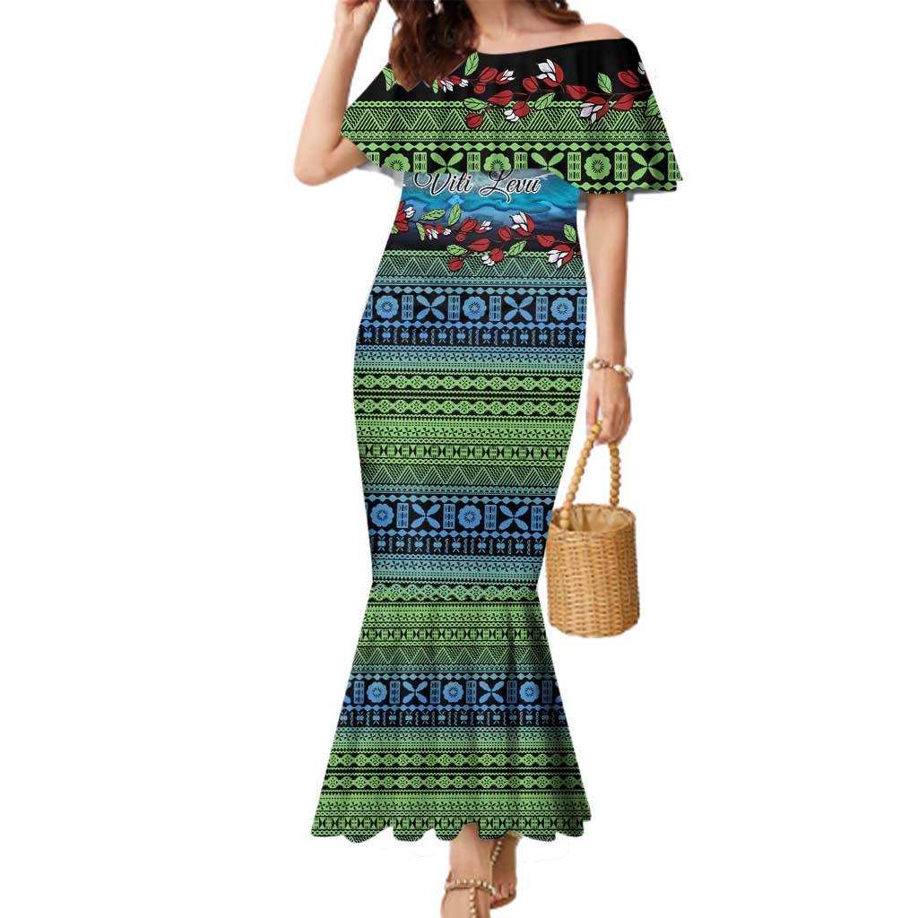Personalised Fiji Viti Levu Family Matching Mermaid Dress and Hawaiian Shirt Tagimoucia and Tapa Tribal Pattern LT9 Mom's Dress Blue - Polynesian Pride