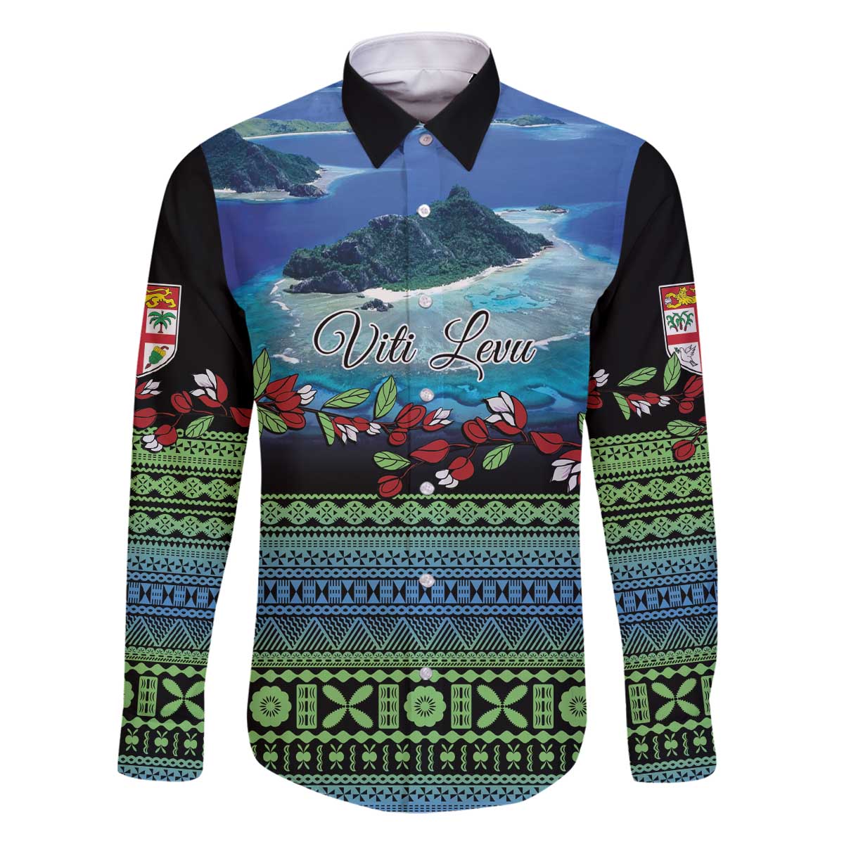Personalised Fiji Viti Levu Family Matching Off The Shoulder Long Sleeve Dress and Hawaiian Shirt Tagimoucia and Tapa Tribal Pattern LT9 Dad's Shirt - Long Sleeve Blue - Polynesian Pride