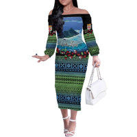 Personalised Fiji Viti Levu Family Matching Off The Shoulder Long Sleeve Dress and Hawaiian Shirt Tagimoucia and Tapa Tribal Pattern LT9 Mom's Dress Blue - Polynesian Pride