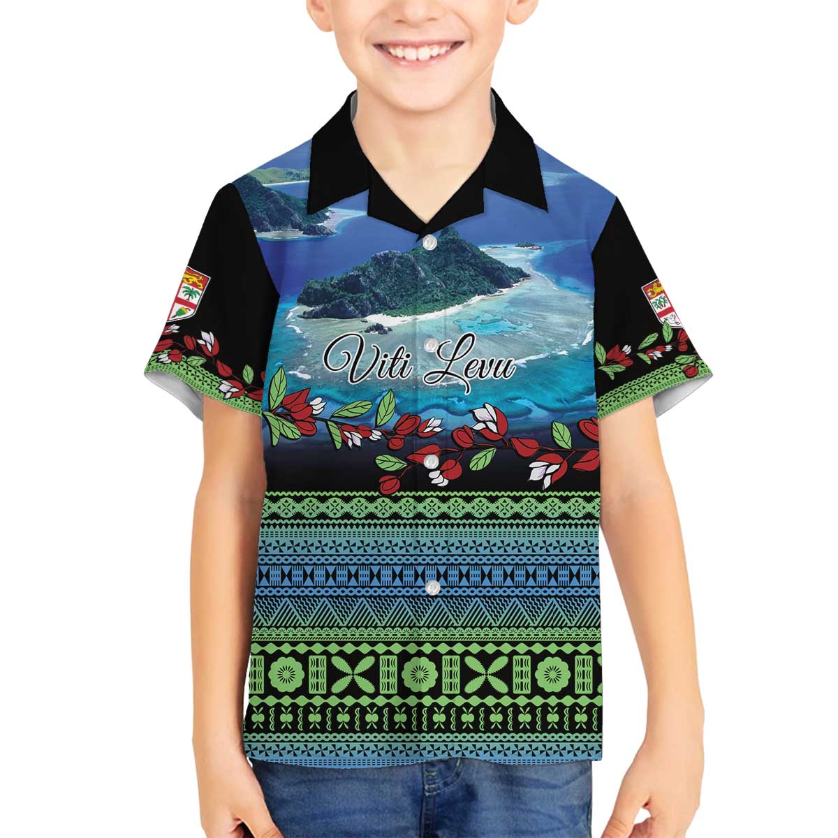Personalised Fiji Viti Levu Family Matching Off The Shoulder Long Sleeve Dress and Hawaiian Shirt Tagimoucia and Tapa Tribal Pattern LT9 Son's Shirt Blue - Polynesian Pride
