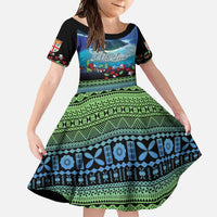Personalised Fiji Viti Levu Family Matching Off Shoulder Maxi Dress and Hawaiian Shirt Tagimoucia and Tapa Tribal Pattern LT9 Daughter's Dress Blue - Polynesian Pride