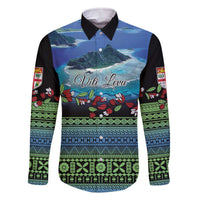 Personalised Fiji Viti Levu Family Matching Off Shoulder Short Dress and Hawaiian Shirt Tagimoucia and Tapa Tribal Pattern LT9 Dad's Shirt - Long Sleeve Blue - Polynesian Pride