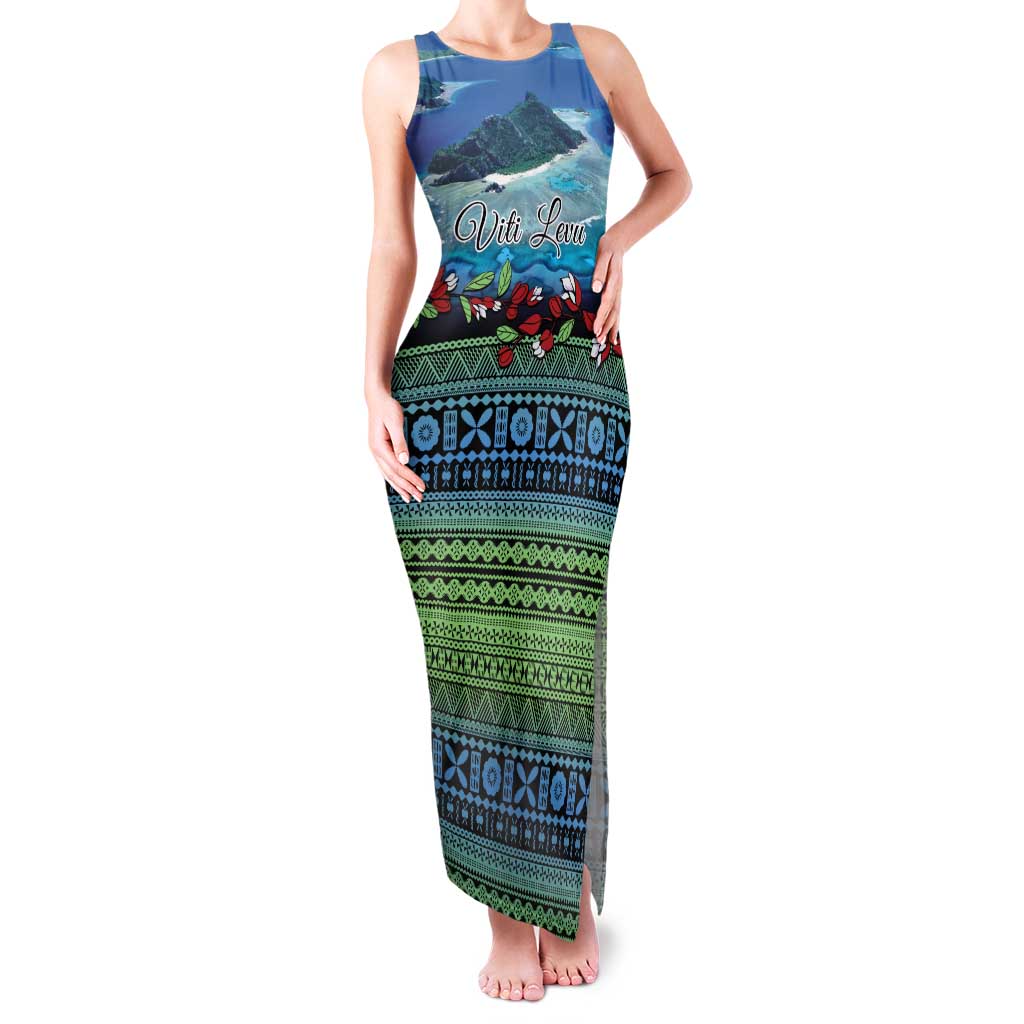 Personalised Fiji Viti Levu Family Matching Tank Maxi Dress and Hawaiian Shirt Tagimoucia and Tapa Tribal Pattern LT9 Mom's Dress Blue - Polynesian Pride