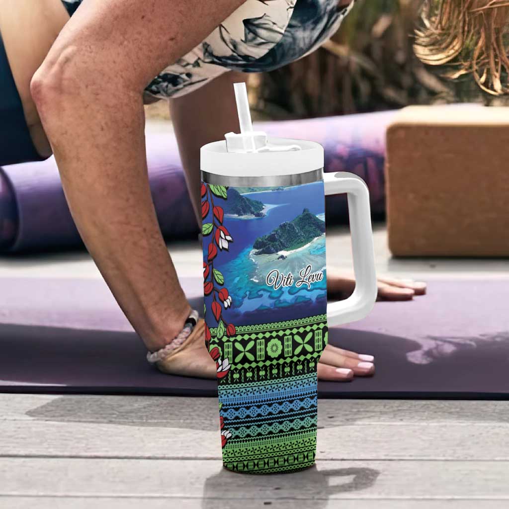 Personalised Fiji Viti Levu Tumbler With Handle Tagimoucia and Tapa Tribal Pattern