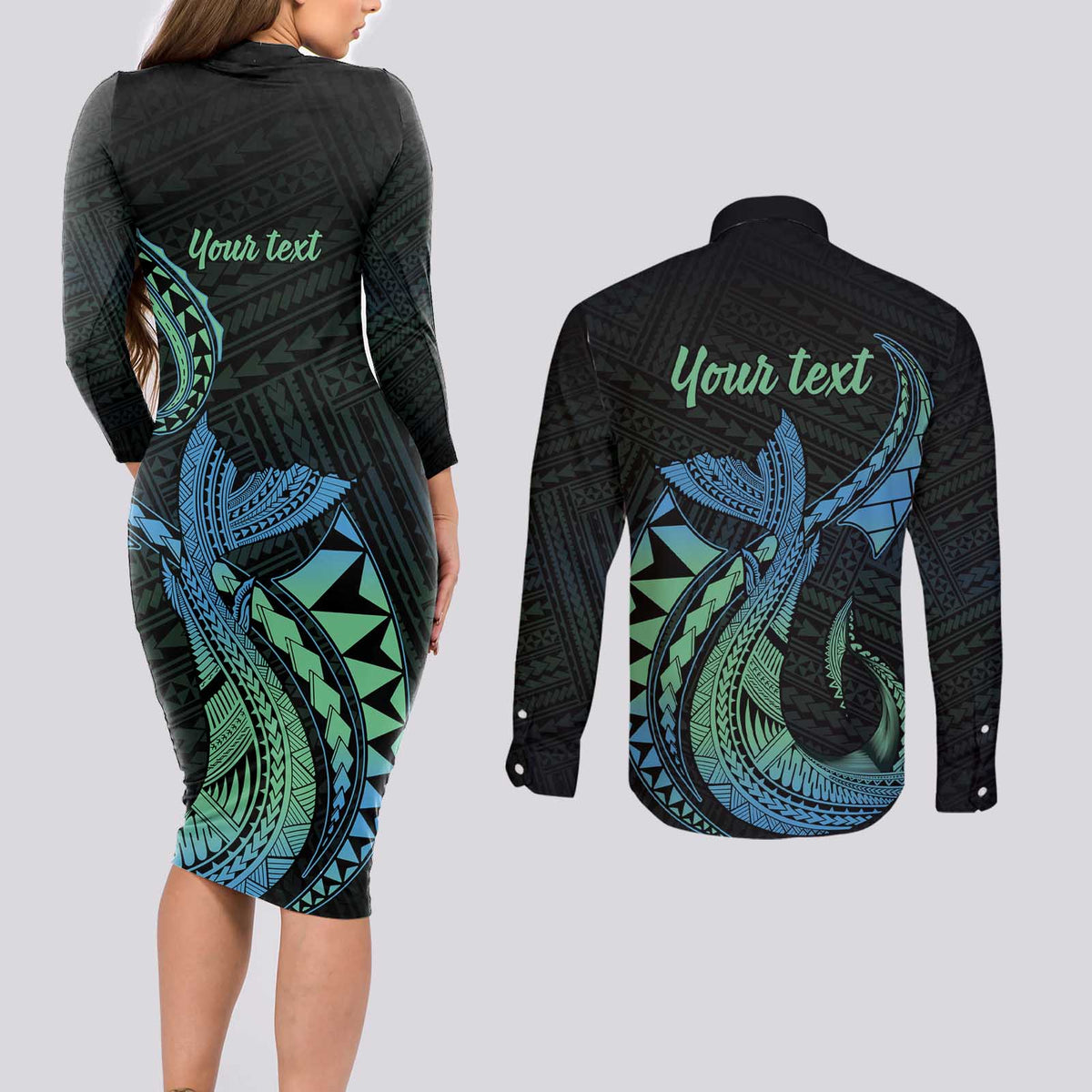Personalised Hawaii Kure Atoll Couples Matching Long Sleeve Bodycon Dress and Long Sleeve Button Shirt Holaniku Coral Reef with Polynesian Tribal LT9 - Polynesian Pride