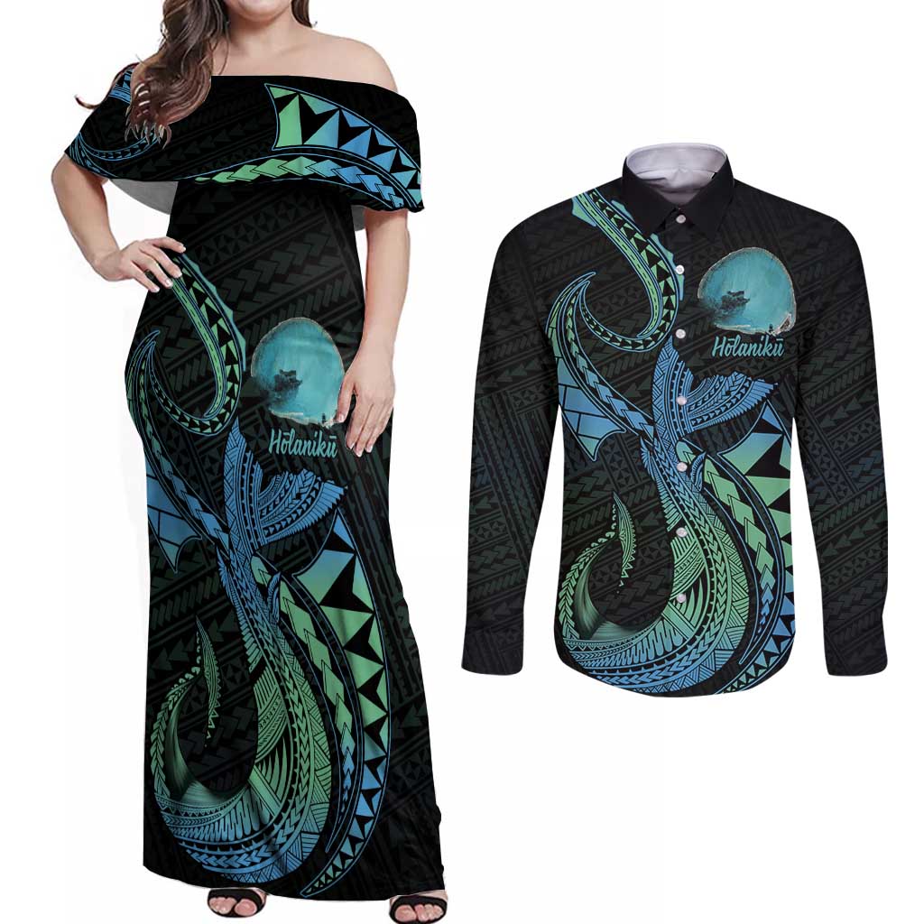 Personalised Hawaii Kure Atoll Couples Matching Off Shoulder Maxi Dress and Long Sleeve Button Shirt Holaniku Coral Reef with Polynesian Tribal