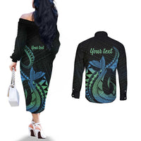 Personalised Hawaii Kure Atoll Couples Matching Off The Shoulder Long Sleeve Dress and Long Sleeve Button Shirt Holaniku Coral Reef with Polynesian Tribal LT9 - Polynesian Pride