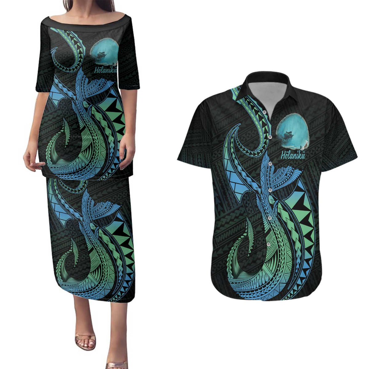 Personalised Hawaii Kure Atoll Couples Matching Puletasi and Hawaiian Shirt Holaniku Coral Reef with Polynesian Tribal