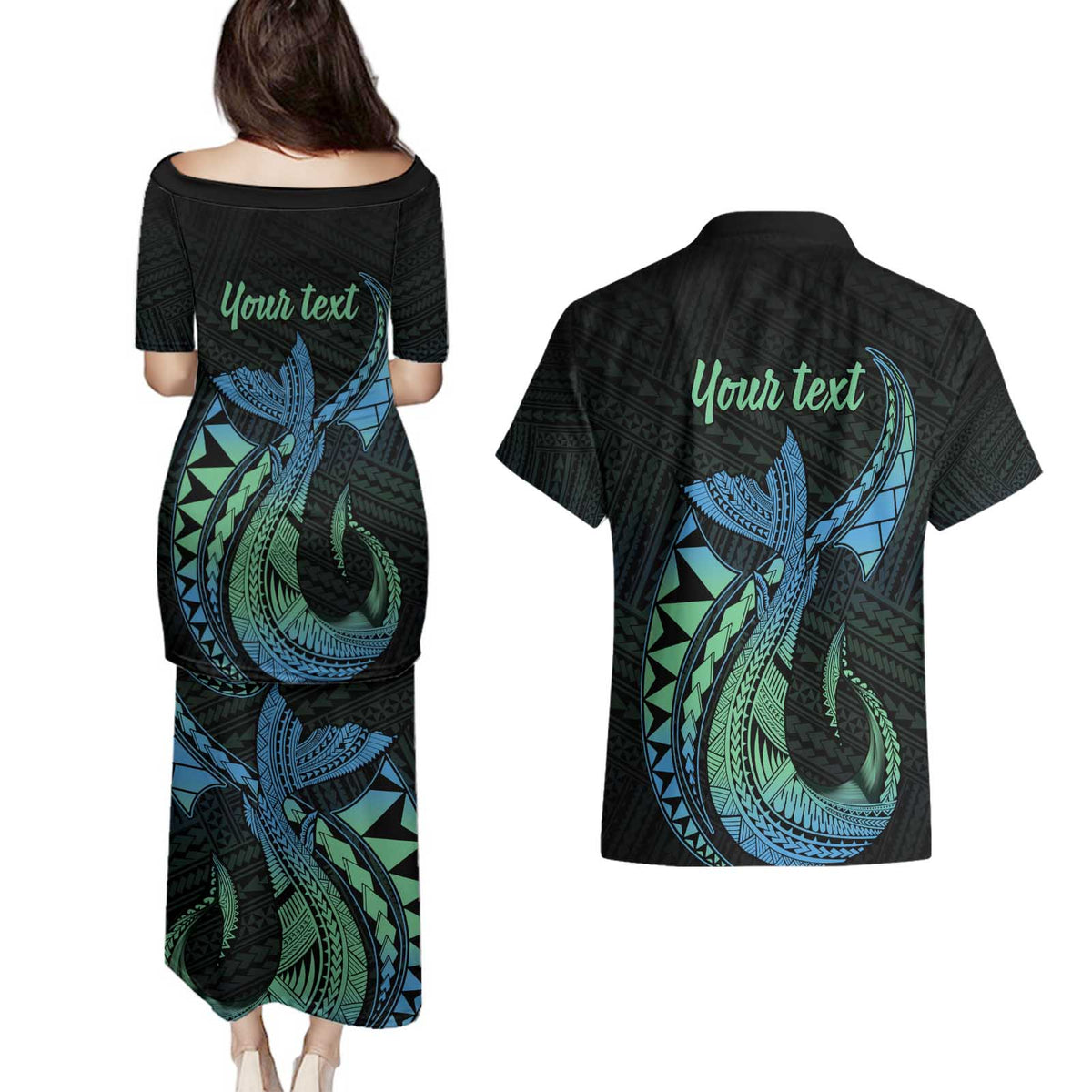 Personalised Hawaii Kure Atoll Couples Matching Puletasi and Hawaiian Shirt Holaniku Coral Reef with Polynesian Tribal