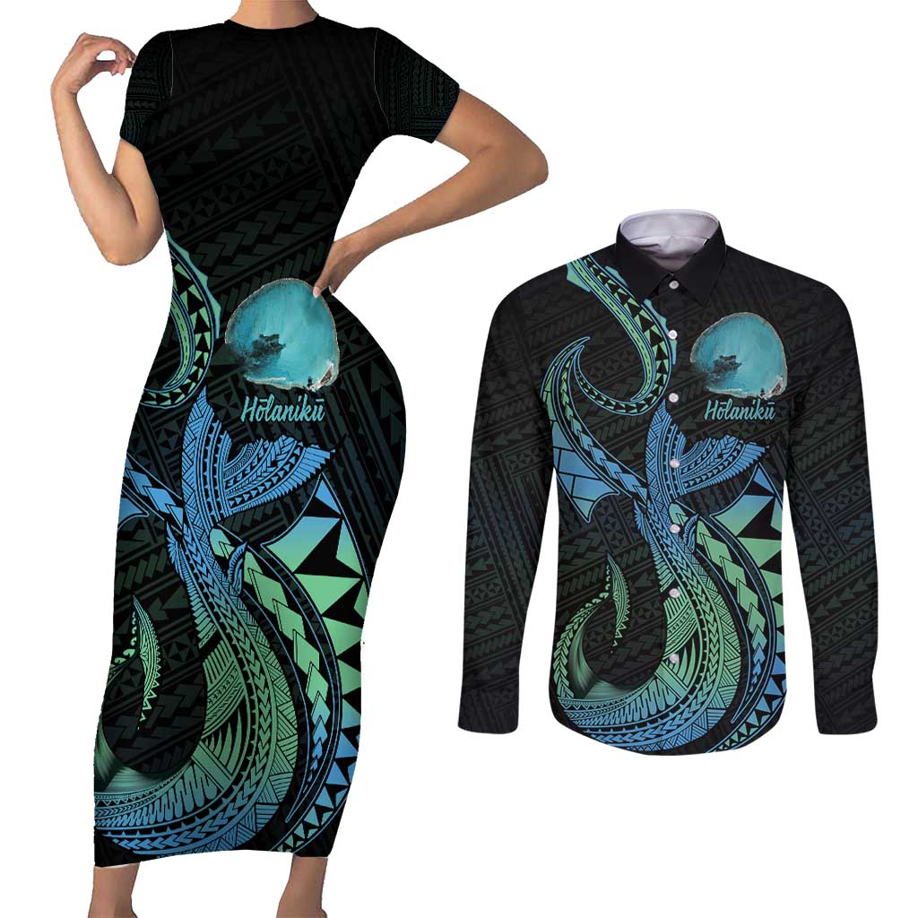 Personalised Hawaii Kure Atoll Couples Matching Short Sleeve Bodycon Dress and Long Sleeve Button Shirt Holaniku Coral Reef with Polynesian Tribal LT9 Blue - Polynesian Pride