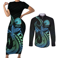 Personalised Hawaii Kure Atoll Couples Matching Short Sleeve Bodycon Dress and Long Sleeve Button Shirt Holaniku Coral Reef with Polynesian Tribal LT9 Blue - Polynesian Pride