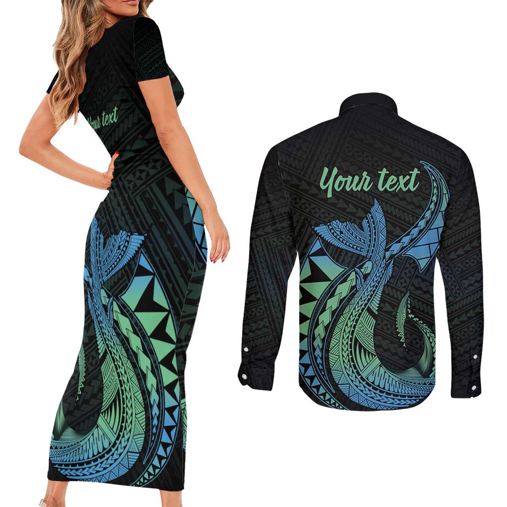 Personalised Hawaii Kure Atoll Couples Matching Short Sleeve Bodycon Dress and Long Sleeve Button Shirt Holaniku Coral Reef with Polynesian Tribal LT9 - Polynesian Pride