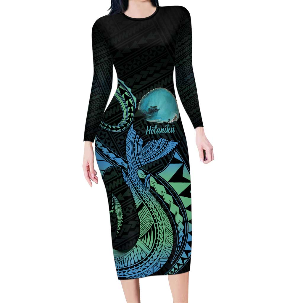 Personalised Hawaii Kure Atoll Family Matching Long Sleeve Bodycon Dress and Hawaiian Shirt Holaniku Coral Reef with Polynesian Tribal LT9 Mom's Dress Blue - Polynesian Pride
