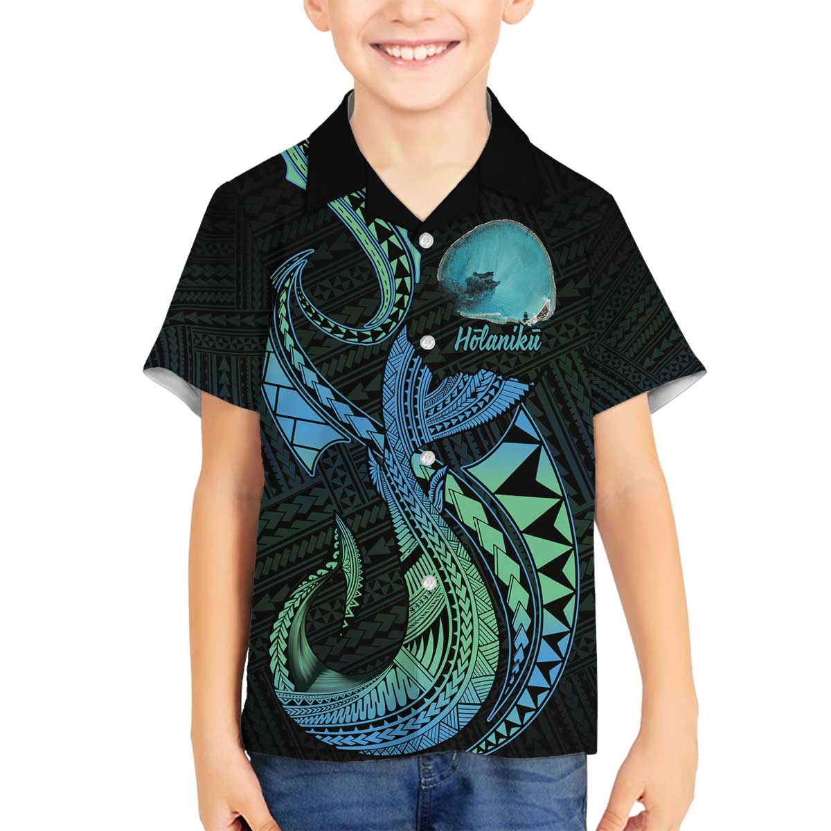 Personalised Hawaii Kure Atoll Family Matching Off The Shoulder Long Sleeve Dress and Hawaiian Shirt Holaniku Coral Reef with Polynesian Tribal LT9 Son's Shirt Blue - Polynesian Pride
