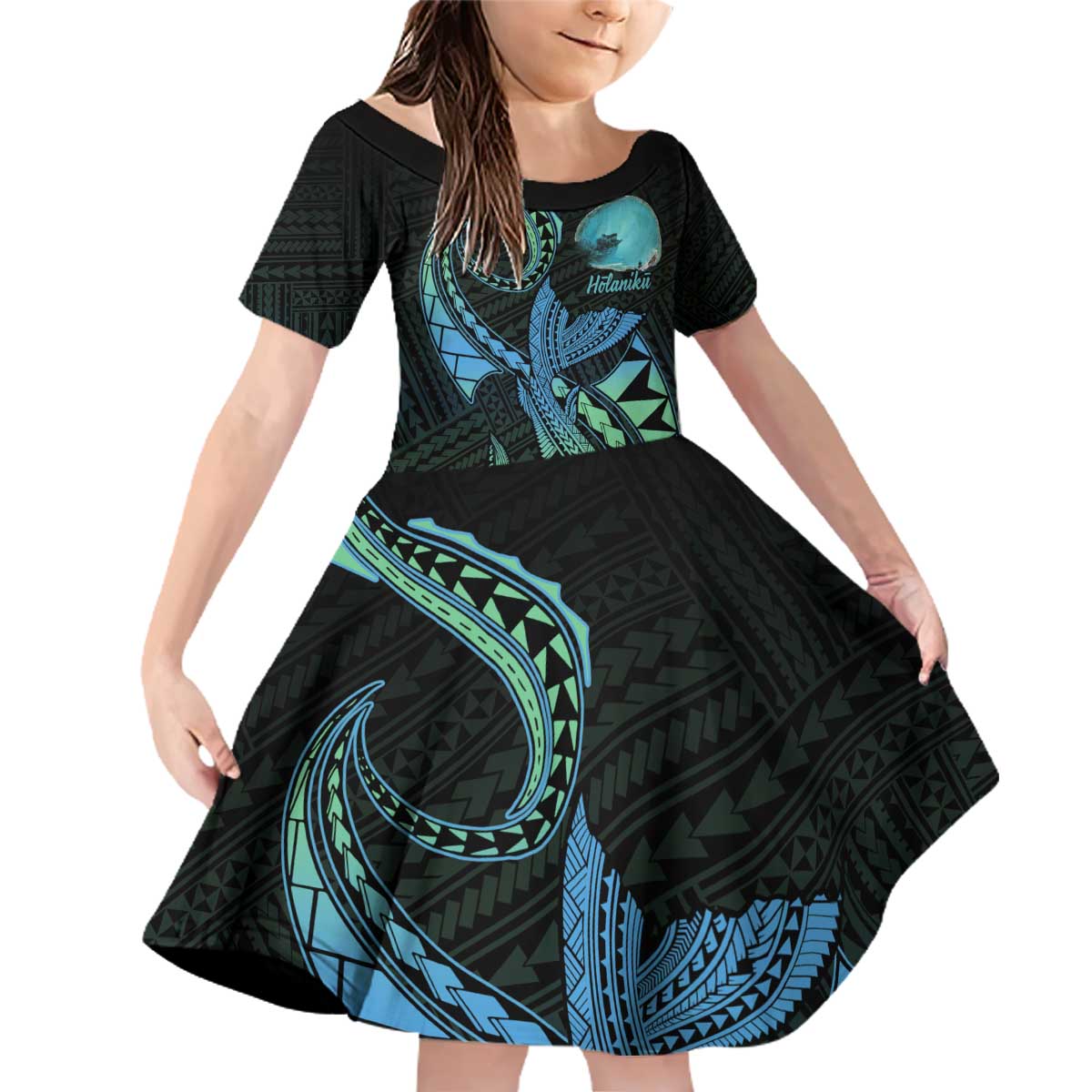 Personalised Hawaii Kure Atoll Family Matching Off Shoulder Short Dress and Hawaiian Shirt Holaniku Coral Reef with Polynesian Tribal LT9 Daughter's Dress Blue - Polynesian Pride