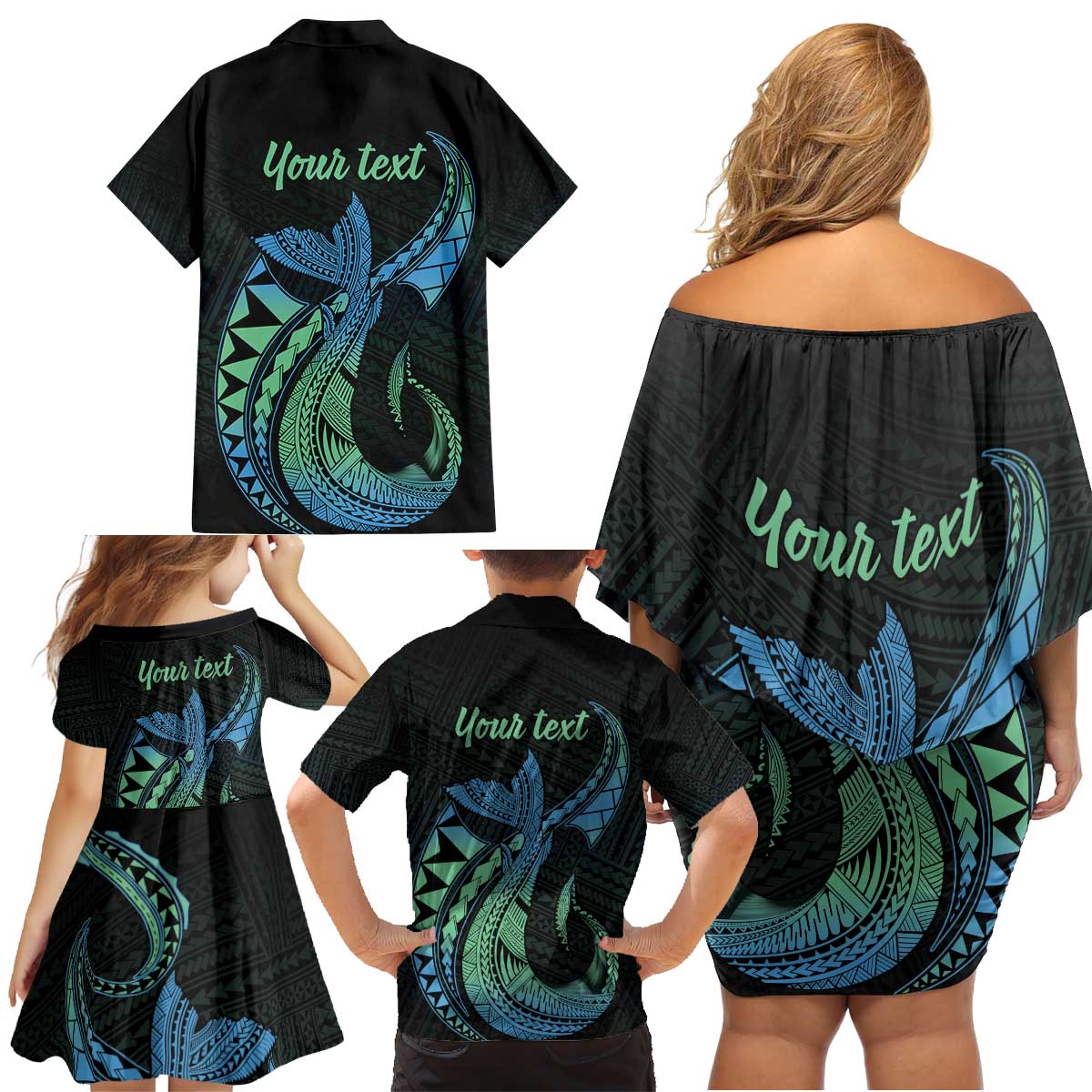 Personalised Hawaii Kure Atoll Family Matching Off Shoulder Short Dress and Hawaiian Shirt Holaniku Coral Reef with Polynesian Tribal LT9 - Polynesian Pride