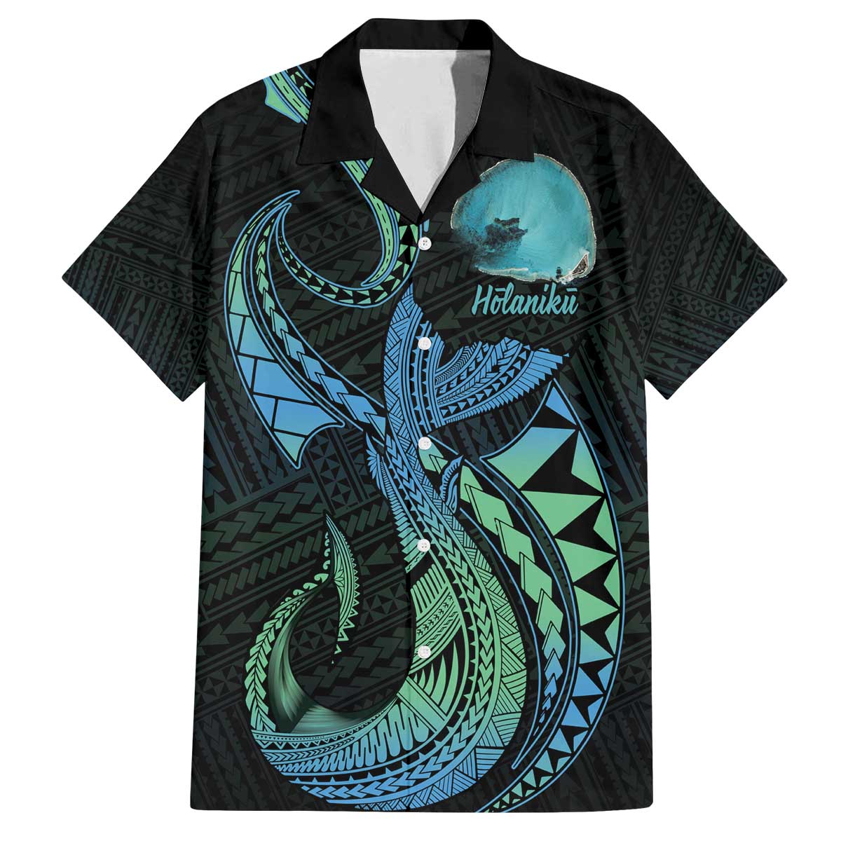 Personalised Hawaii Kure Atoll Family Matching Off Shoulder Short Dress and Hawaiian Shirt Holaniku Coral Reef with Polynesian Tribal LT9 Dad's Shirt - Short Sleeve Blue - Polynesian Pride