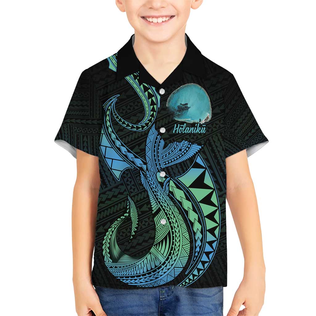 Personalised Hawaii Kure Atoll Family Matching Puletasi and Hawaiian Shirt Holaniku Coral Reef with Polynesian Tribal LT9 Son's Shirt Blue - Polynesian Pride