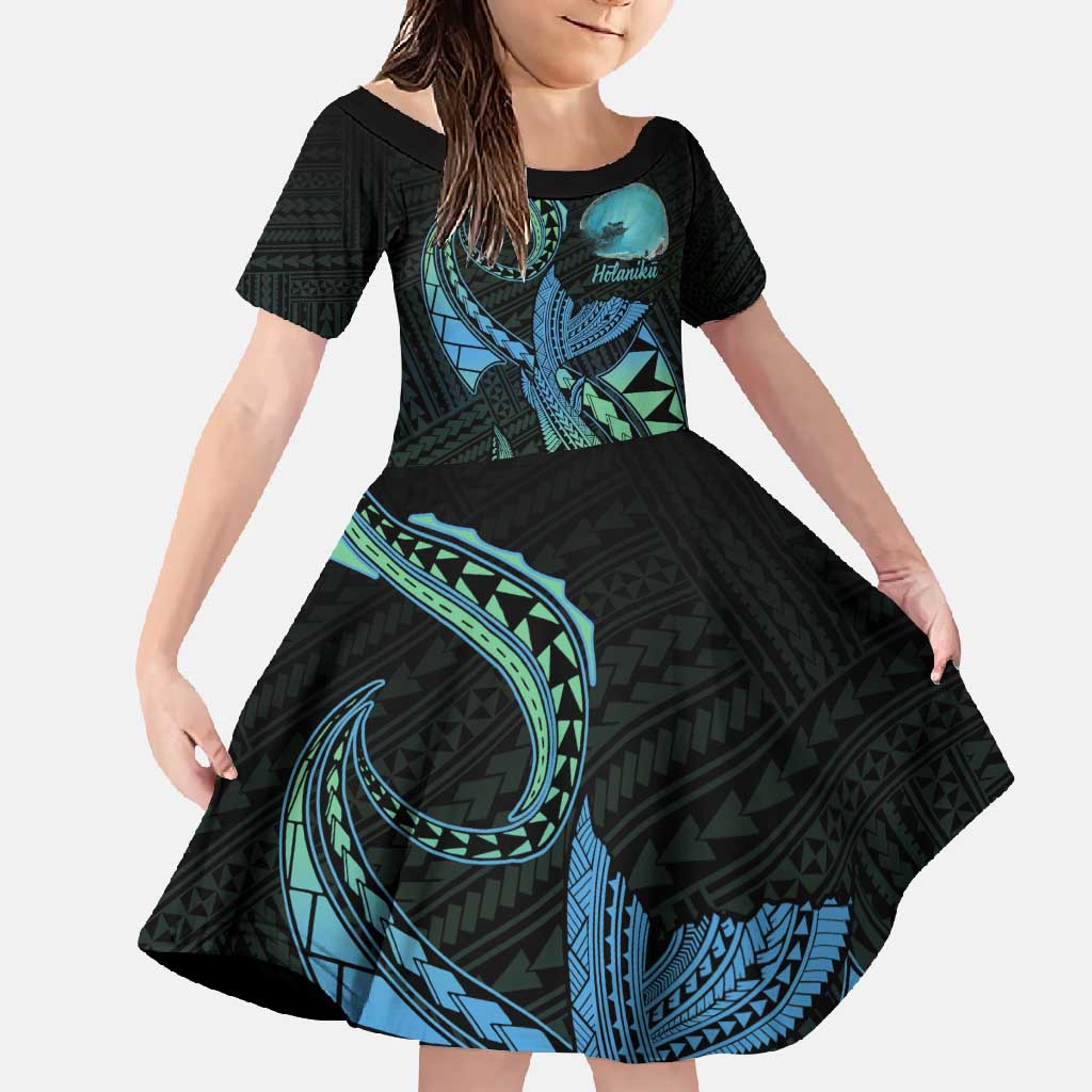 Personalised Hawaii Kure Atoll Family Matching Summer Maxi Dress and Hawaiian Shirt Holaniku Coral Reef with Polynesian Tribal LT9 Daughter's Dress Blue - Polynesian Pride