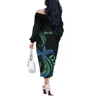 Personalised Hawaii Kure Atoll Off The Shoulder Long Sleeve Dress Holaniku Coral Reef with Polynesian Tribal