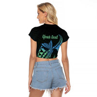 Personalised Hawaii Kure Atoll Raglan Cropped T Shirt Holaniku Coral Reef with Polynesian Tribal