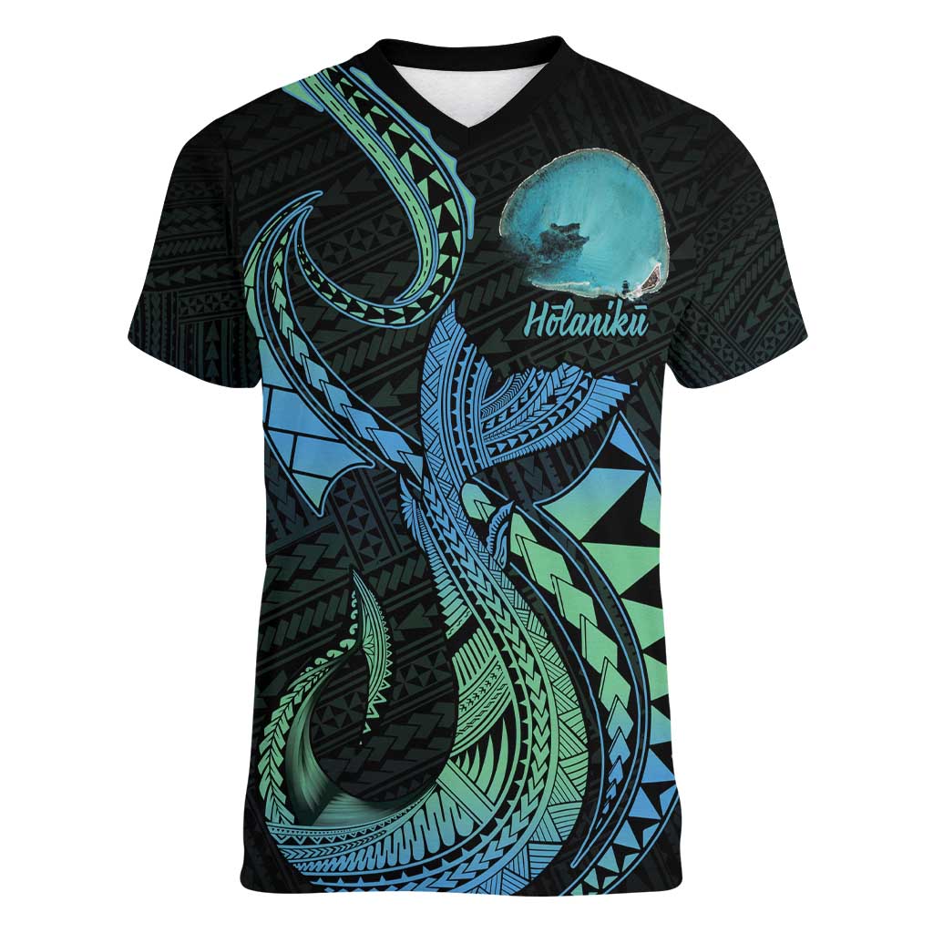 Personalised Hawaii Kure Atoll Women V-Neck T-Shirt Holaniku Coral Reef with Polynesian Tribal