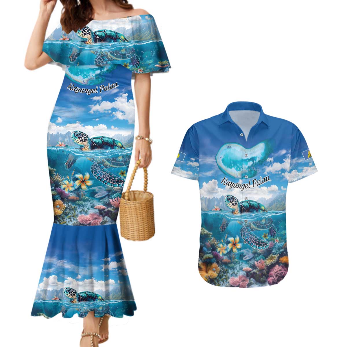 Personalised Palau Kayangel Atoll Couples Matching Mermaid Dress and Hawaiian Shirt Turtle With Coral Reef Under Water LT9 Blue - Polynesian Pride