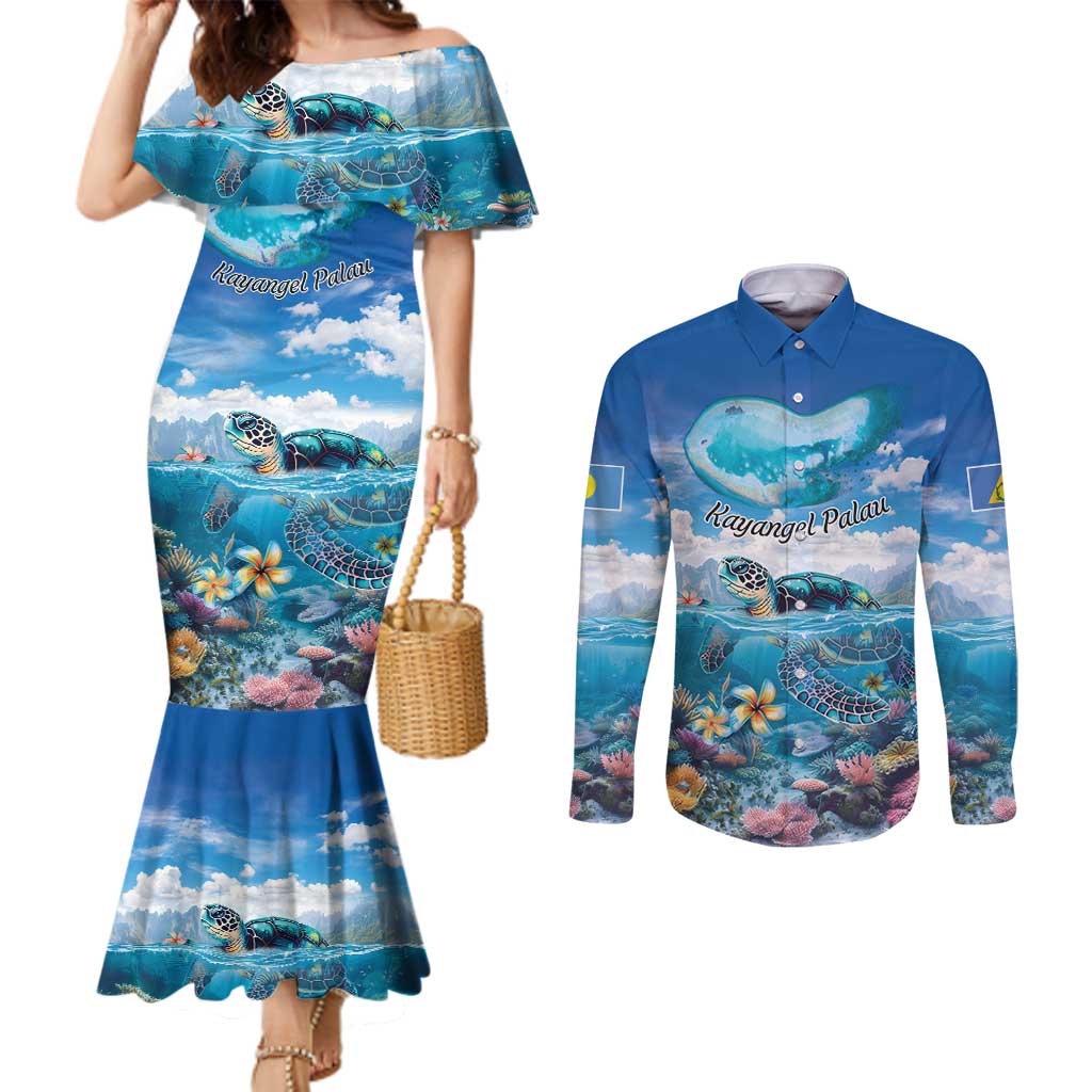 Personalised Palau Kayangel Atoll Couples Matching Mermaid Dress and Long Sleeve Button Shirt Turtle With Coral Reef Under Water LT9 Blue - Polynesian Pride