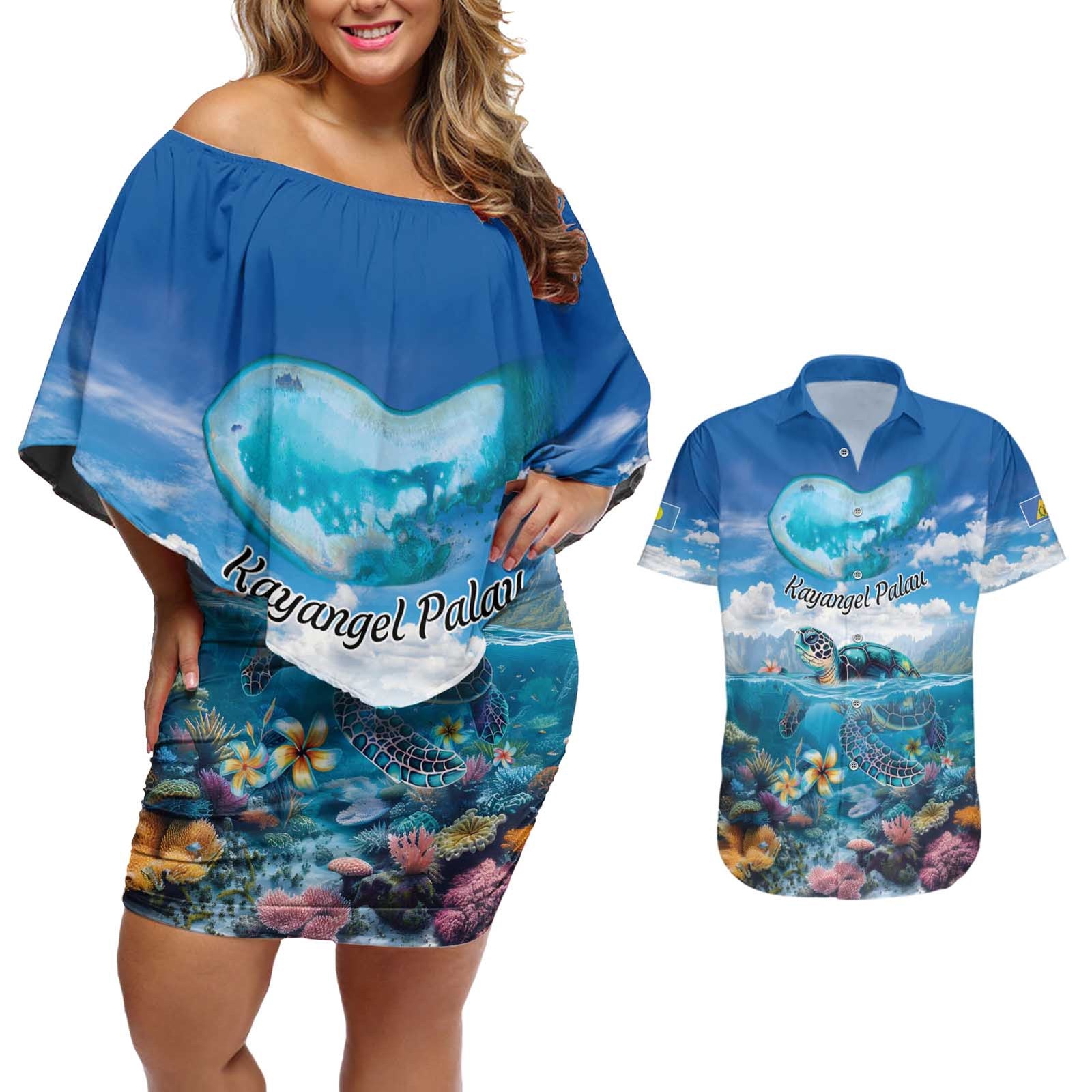 Personalised Palau Kayangel Atoll Couples Matching Off Shoulder Short Dress and Hawaiian Shirt Turtle With Coral Reef Under Water LT9 Blue - Polynesian Pride