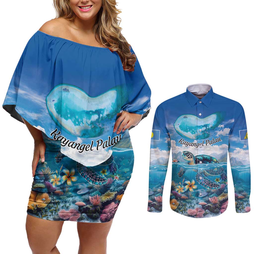 Personalised Palau Kayangel Atoll Couples Matching Off Shoulder Short Dress and Long Sleeve Button Shirt Turtle With Coral Reef Under Water LT9 Blue - Polynesian Pride