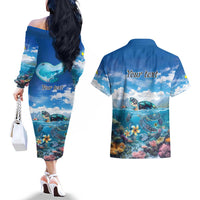 Personalised Palau Kayangel Atoll Couples Matching Off The Shoulder Long Sleeve Dress and Hawaiian Shirt Turtle With Coral Reef Under Water LT9 - Polynesian Pride