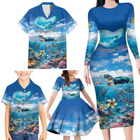 Personalised Palau Kayangel Atoll Family Matching Long Sleeve Bodycon Dress and Hawaiian Shirt Turtle With Coral Reef Under Water LT9 - Polynesian Pride