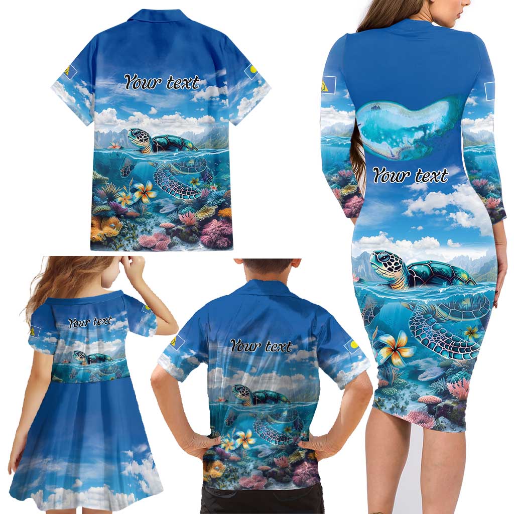 Personalised Palau Kayangel Atoll Family Matching Long Sleeve Bodycon Dress and Hawaiian Shirt Turtle With Coral Reef Under Water LT9 - Polynesian Pride