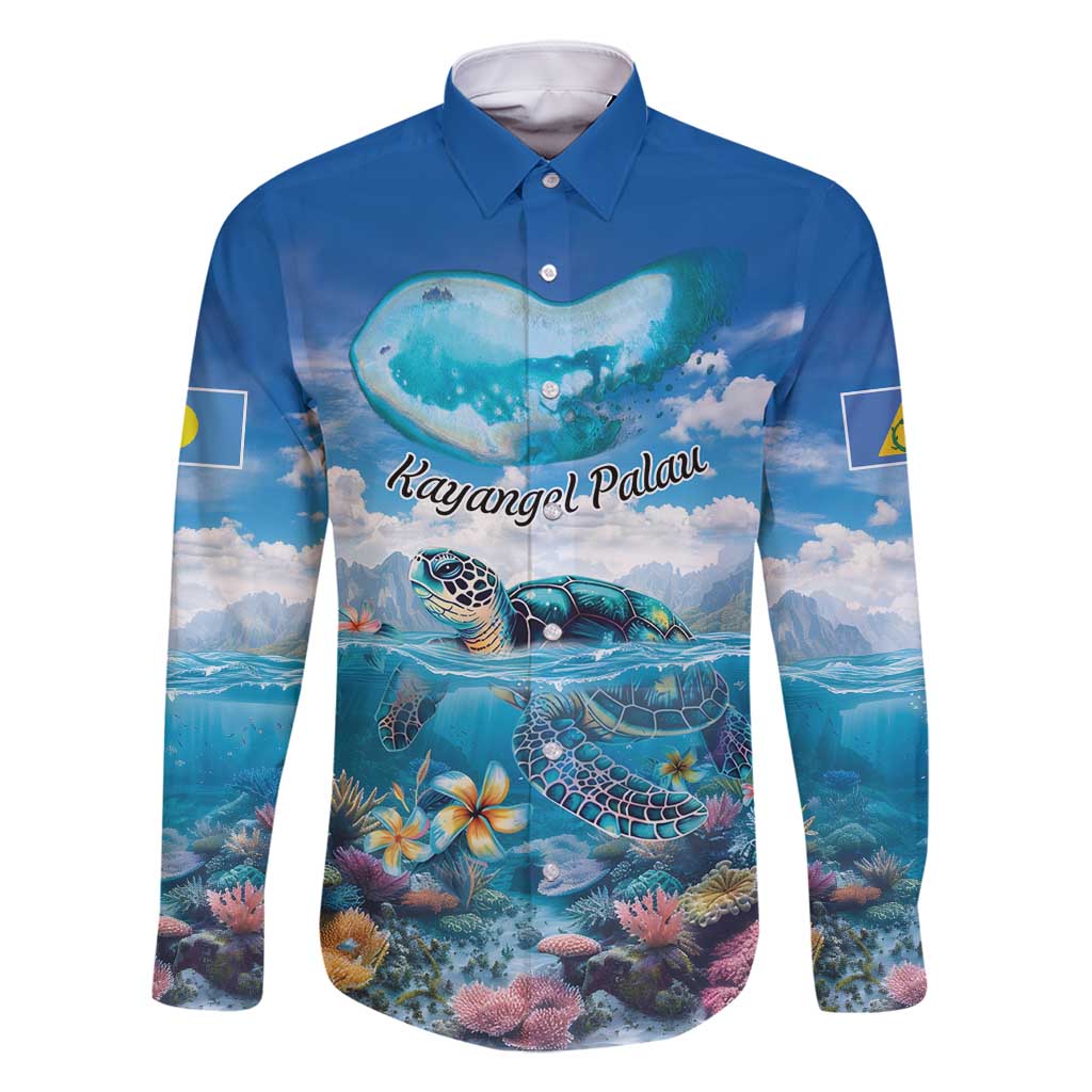 Personalised Palau Kayangel Atoll Family Matching Long Sleeve Bodycon Dress and Hawaiian Shirt Turtle With Coral Reef Under Water LT9 Dad's Shirt - Long Sleeve Blue - Polynesian Pride
